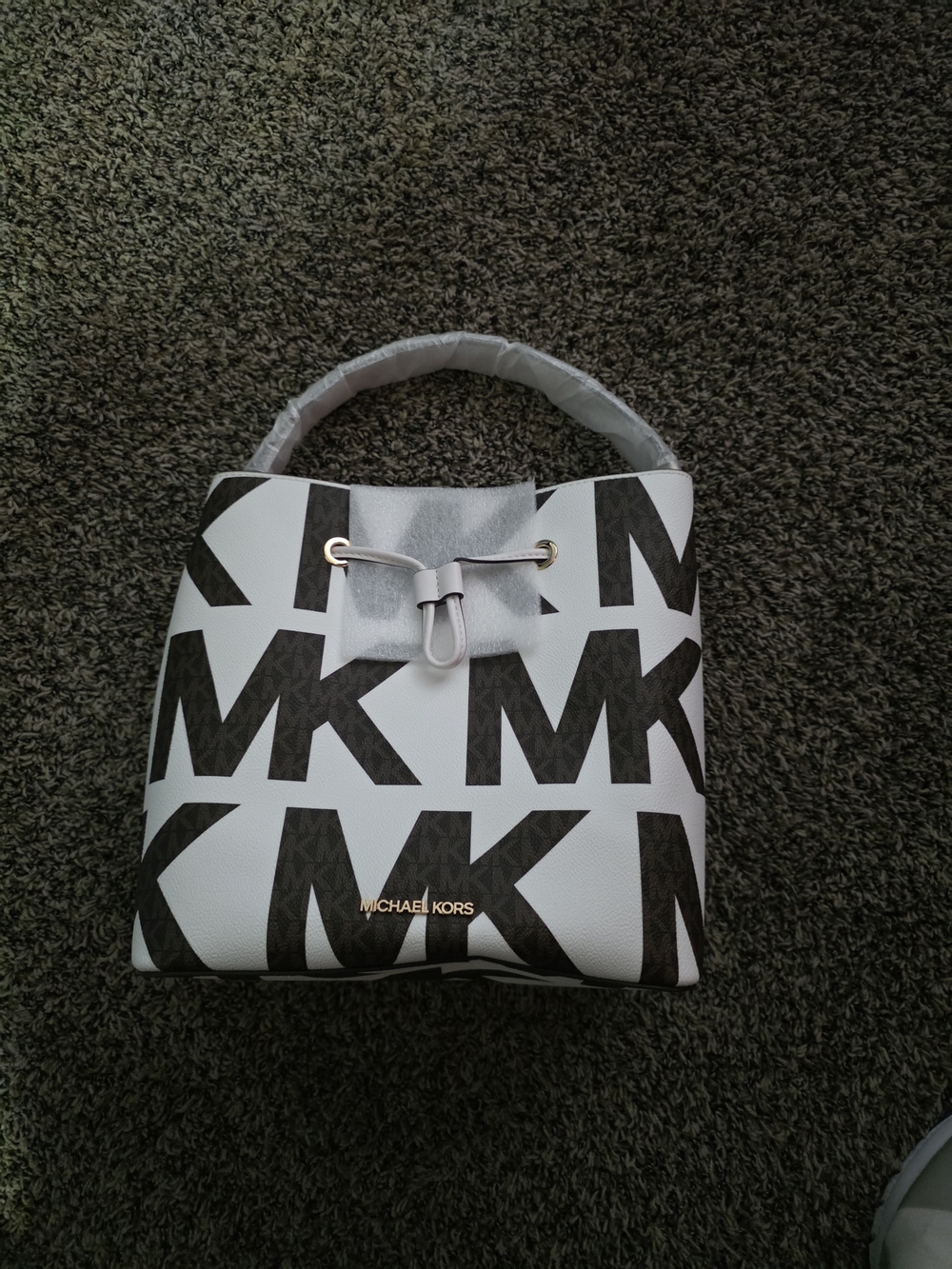 Michael Kors White and Black MK Logo Drawstring Shoulder Bag